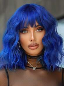 14 Inches Dark Blue Wig Short Curly Wig Women Girl's Synthetic Wig Blue Wig With Bangs Wig Colorful Costume - Image 4