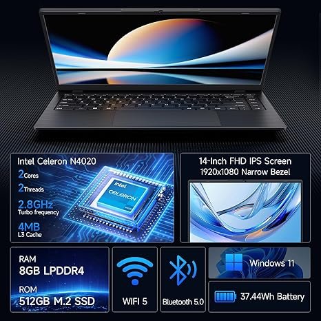 Laptop Computer, 8GB RAM 512GB SSD, Laptop with N4020 Processor(Up to 2.8GHz), 14-Inch 1080P FHD IPS Display, Win11 Pro, Long Battery Life, HDMI, Laptops - Image 2